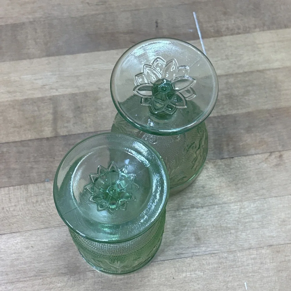 Vintage Tiara Indiana Glass Green Goblets Set of 2 Floral Pressed Glass Mixed